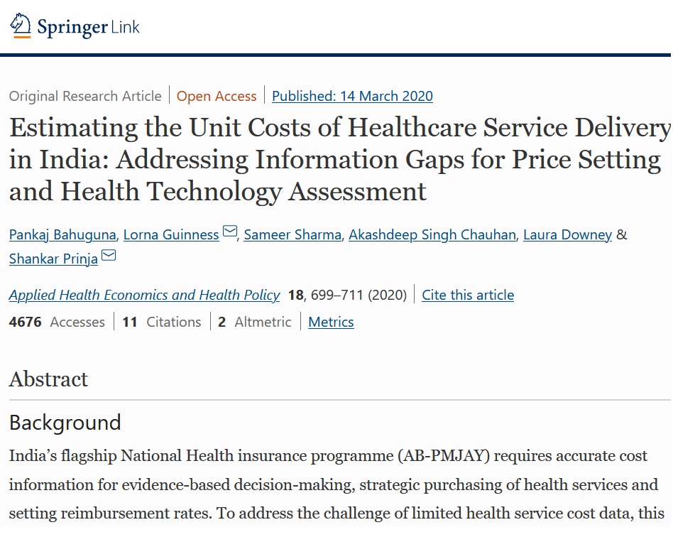 Estimating the Unit Costs of Healthcare Service Delivery in India: Addressing Information Gaps for Price Setting and Health Technology Assessment