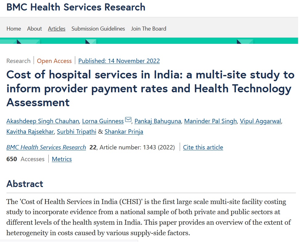 Cost of hospital services in India: a multi-site study to inform provider payment rates and Health Technology Assessment